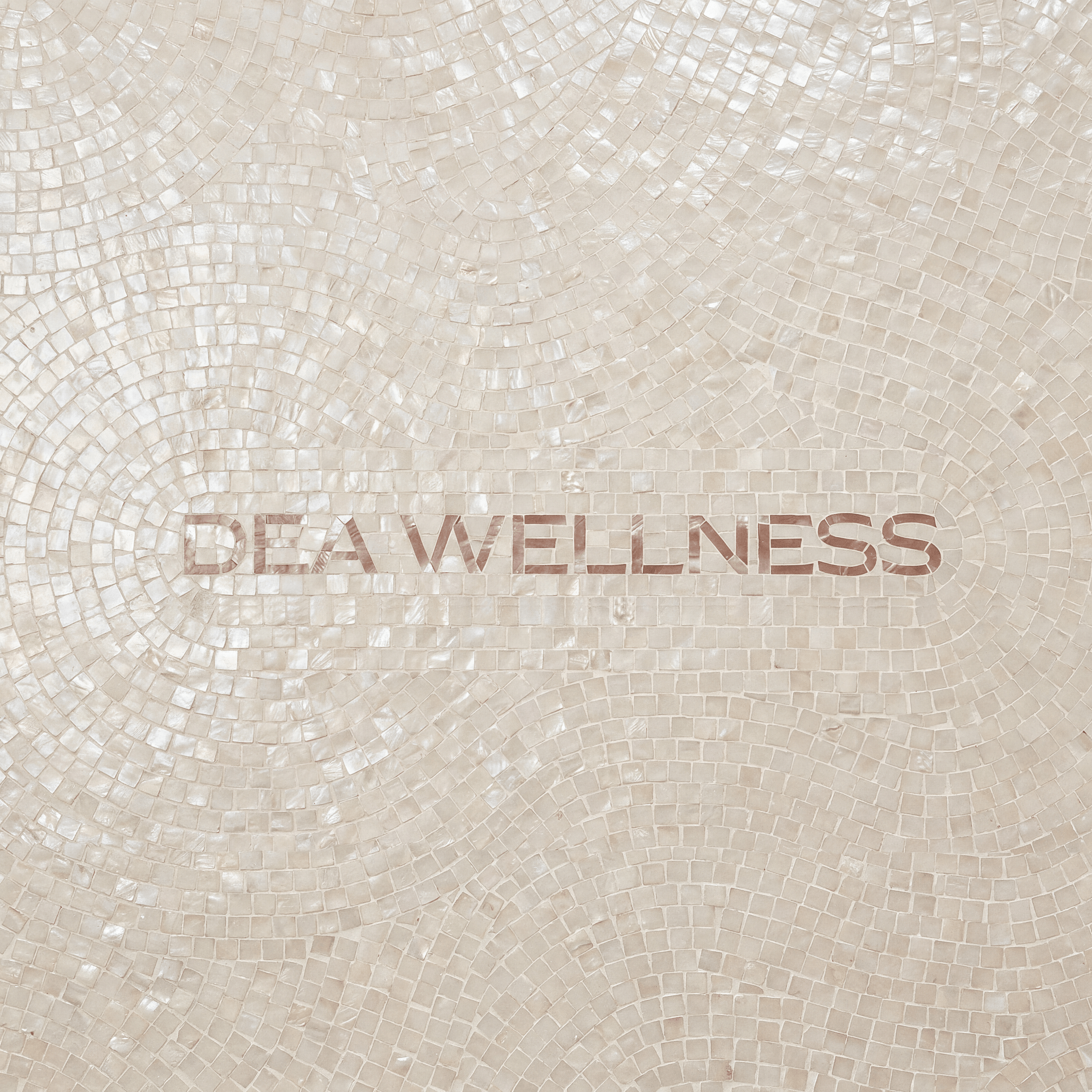 A close-up of a light beige and white mosaic tile surface with the words 'DEA WELLNESS' centered in a muted pinkish-brown tone.