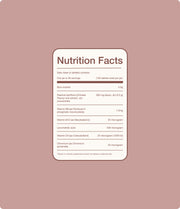 A digital graphic of a Nutrition Facts label mockup on a solid dusty rose background. The label features a white background with rounded corners, dark brown text, and a dark brown border.