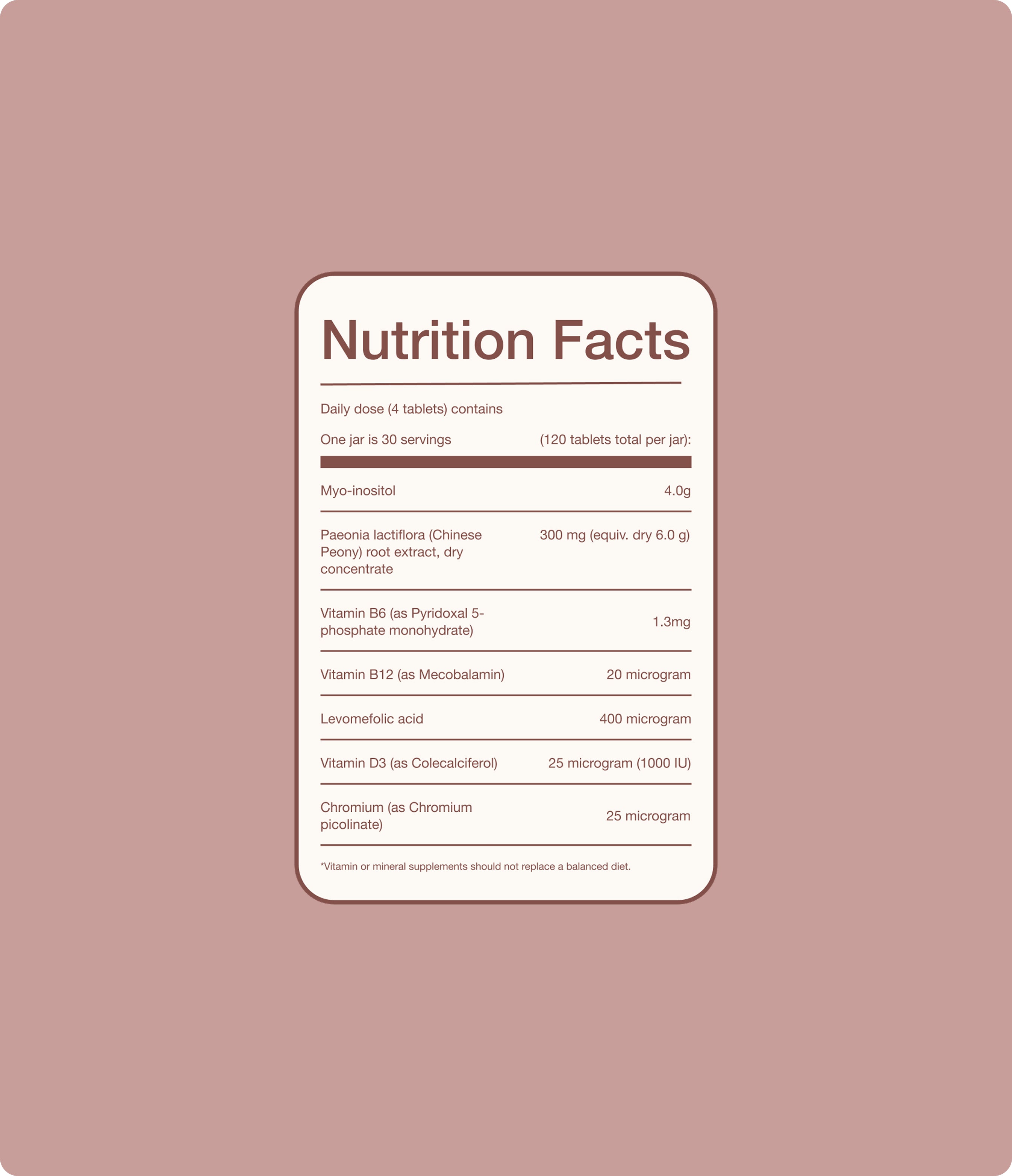 A digital graphic of a Nutrition Facts label mockup on a solid dusty rose background. The label features a white background with rounded corners, dark brown text, and a dark brown border.