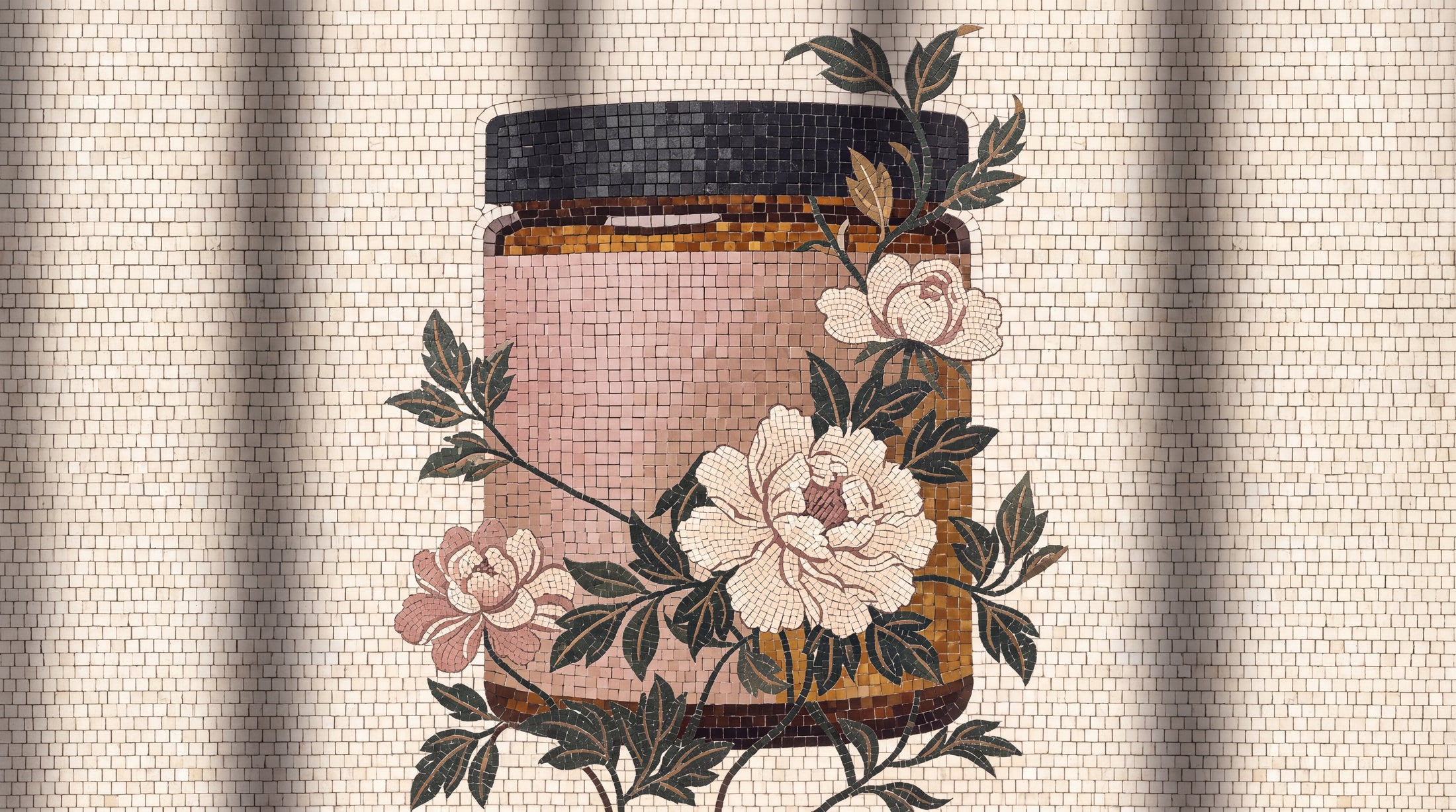 A decorative jar candle or cosmetic jar illustration with a black lid, pink label, amber-brown base, and floral mosaic design of white and blush flowers with green leaves on a textured beige background.